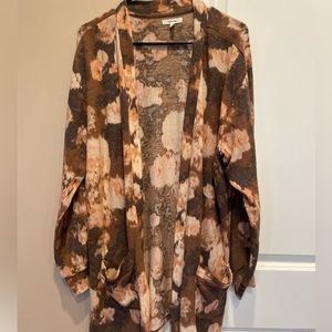 Maurices plus size 0 open front cardigan brown and light pink floral pockets